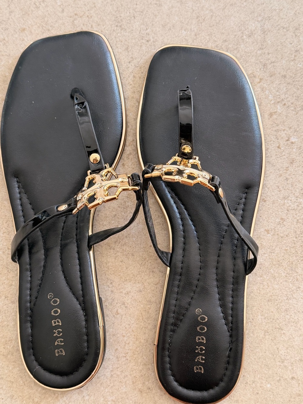BAMBOO Black Thong Sandals with Gold Chain Accent